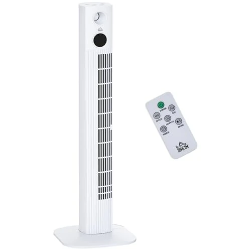 HOMCOM Torenventilator 45 W met 3 snelheden en 3 modi, zuilventilator van ABS met afstandsbediening en 12-uurs timer, 31,5 x 31,5 x 96 cm, wit