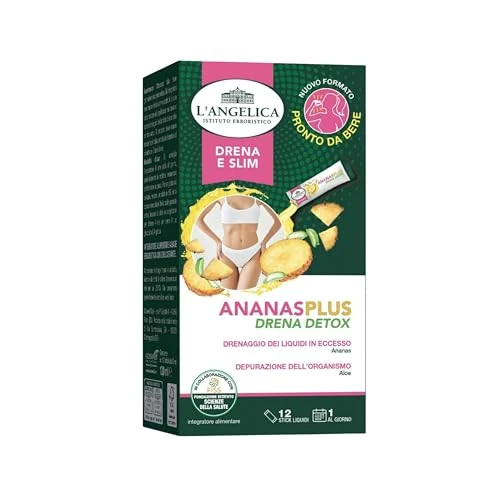L'Angelica Nahrungsergänzungsmittel Ananas Plus Drainage und Slim, Entgiftungsmittel zur Förderung der Körperreinigung, Geschmack Ananas, 12 flüssige Sticks zum Trinken