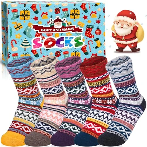ZZXLOPEZ 5 Paar Dameswintersokken, Zachte Thermische Warme Wollen Sokken, Vintage Wintersokken, Kerstcadeaus, Veelkleurige Dikke sok, Winterwarme Sokken 36-40