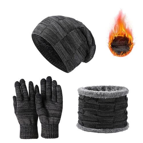 JXCTNNU Ensemble de Tricotés Bonnet Écharpe e Gants Packs Bonnet, Écharpe et Gants Homme Femme Ensemble Chauds d'hiver 3 en 1 avec Chaud Écharpe Chapeau Écran Tactile Gants (Noir)