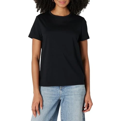 Amazon Essentials T-shirt à Col Rond et Manches Courtes 100 % Coton, Coupe Classique Femme, Lot de 2, Noir, XXS
