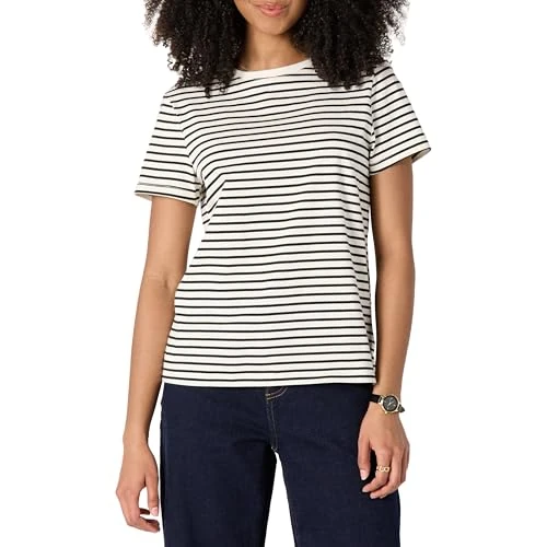 Limited-time offer: Amazon Essentials Women's Regular Fit 100% Cotton Crewneck Short Sleeve T-Shirt, Eggshell White Black French Stripes, XXS from 11.20 £ to 11.20 £ (save 0.00%)