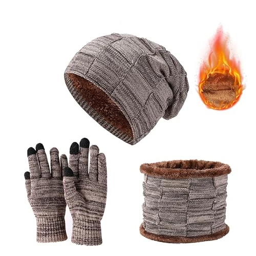 JXCTNNU Mütze Schal Handschuh Sets Wintermütze Unisex Beanie Strickmütze Winterschal Thermo Touchscreen Handschuhe Ski 3-in-1 Wintermütze Verdickung Set für Herren Damen (Khaki)