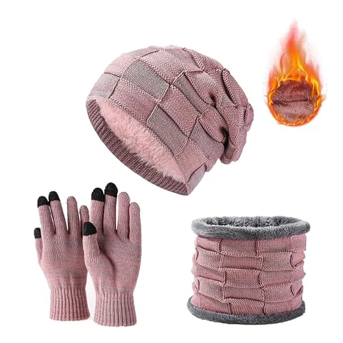 JXCTNNU Mütze Schal Handschuh Sets Wintermütze Unisex Beanie Strickmütze Winterschal Thermo Touchscreen Handschuhe Ski 3-in-1 Wintermütze Verdickung Set für Herren Damen (Rosa)
