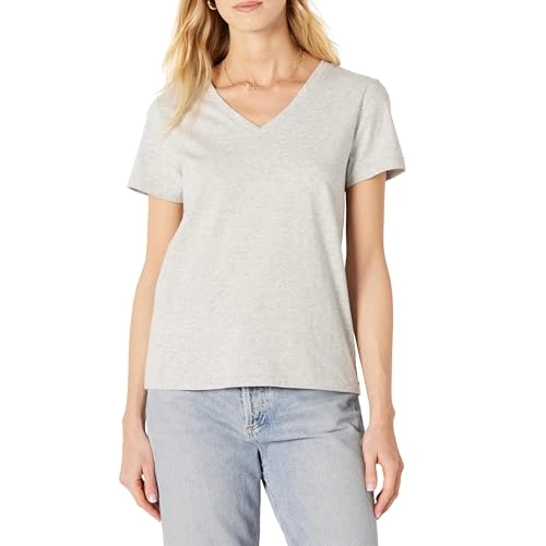Amazon Essentials T-Shirt da Donna a Maniche Corte con Scollo a V, vestibilità Regolare, 100% Cotone, Grigio Chiaro, S