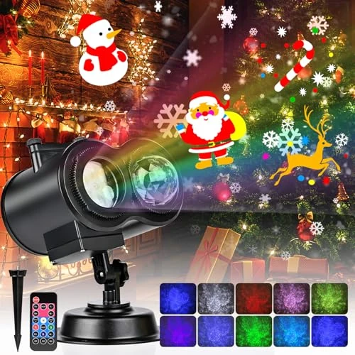 Vankarr Proiettore Natale Esterno e Interno Proiettore Luci Natale 3D con Telecomando, 16 Diapositive di Motivi, Effetti di Onde, Lampada per Proiettore per Decorazioni Natale, Impermeabile