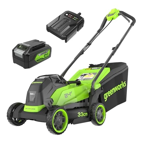 Limited-time offer: Greenworks 24V Cordless Lawnmower with Brushless Motor for Smaller Lawns up to 140m², 33cm Cutting Width, 30L Bag, Lawnmower with 24V 4Ah Battery & Charger, 3 Year Guarantee-MO24L411-01 from 147.99 £ to 125.78 £ (save 15%)