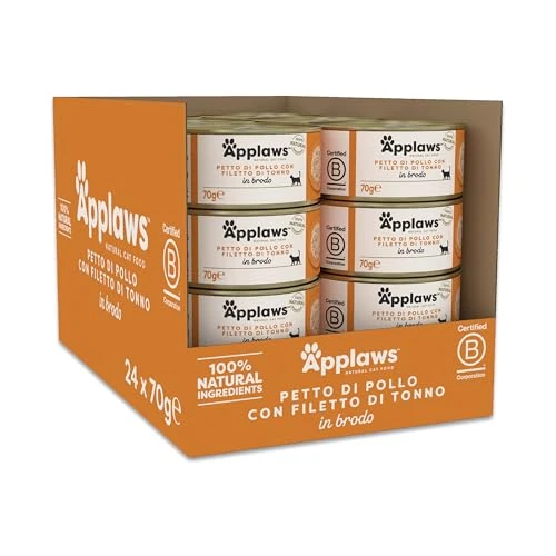Offerta a tempo: Applaws cibo umido 100 % naturale per gatti adulti, petto di pollo con filetto di tonno in brodo, 24 × 70 g lattine - 27% da 35.37 € a 25.99 €