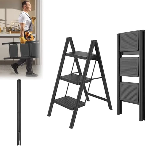 Offerta a tempo: Lars360 Scaletta pieghevole a 3 gradini in acciaio, superficie in gomma antiscivolo, gradini più larghi, portata fino a 250 kg, per casa, ufficio, garage, nero - 0.00% da 42.99 € a 42.99 €