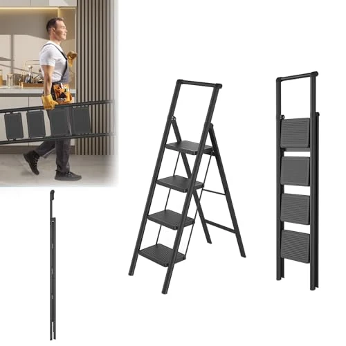 Offerta a tempo: Lars360 Scala pieghevole a 4 gradini con corrimano, antiscivolo, portatile e stabile, per casa e ufficio, con portata fino a 250 kg, nero - 15% da 64.99 € a 55.24 €