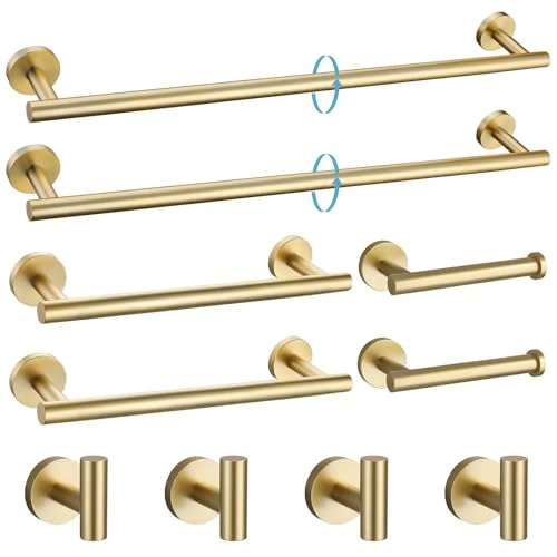 Offerta a tempo: TURS - Set di 10 accessori da bagno in acciaio inox SUS304 spazzolato oro, con barra porta asciugamani da 61 cm, kit accessori da bagno rotondi da parete - 0.00% da 50.24 € a 50.24 €