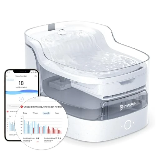 PETGUGU Smart Cat Fountain With APP And AI, Automatic Cat And Dog Fountain With Very Silent Wireless Pump <20dB, 8 Layer Filter, Motion Sensor, WiFi 2.4G, Marble