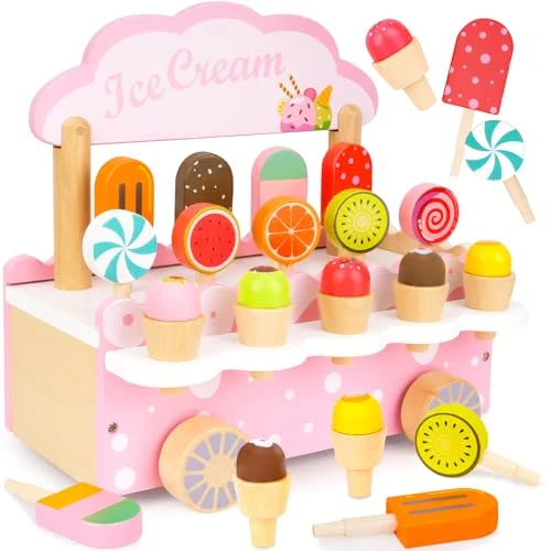 LFENYIGI Wooden Toys for Girls 3-5 Years Old - Ice Cream Cart, Pretend Kids 2 4, Montessori, Kitchen Popsicles, Shop