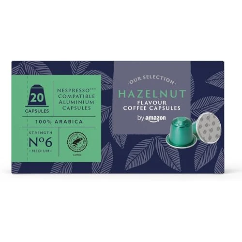 by Amazon Hazelnut Flavoured Aluminium Coffee Capsules, Nespresso Compatible, 20 Count (1 Pack of 20) - Rainforest Alliance Certified