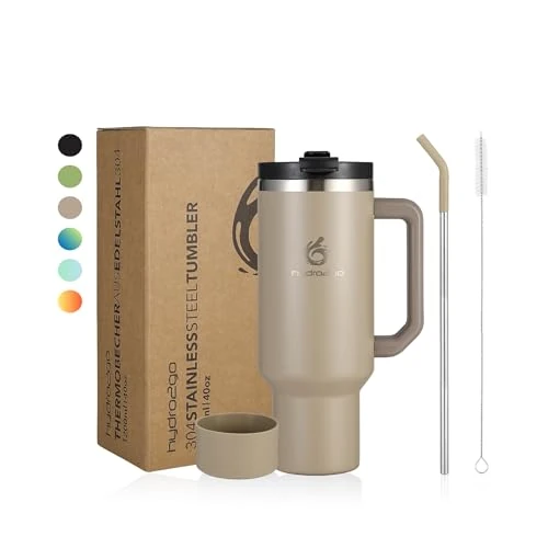 hydro2go Koffiebeker To-Go – thermosbeker/isolatiebeker met handvat & rietje, tumbler voor warme & koude dranken, Reisbeker 1200 ml