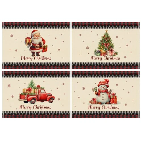 AFXXE Placemat voor Kerstmis, afwasbaar, placemats, winter, 30 x 45 cm, kleurrijk kerstmotief, 4-delige set, tafelmatten, kerststof, gebruikt voor tafeldecoratie (filmstijl)