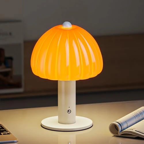 FANHAO Touch Nachtkastje Lamp Draagbare Pompoenlamp, 4000mAh Draadloos Oplaadbaar, 3-Kleur Dimbaar, Glas Kleine Lamp voor Slaapkamer Slaapzaal Woonkamer, Esthetische Home Decor & Gift