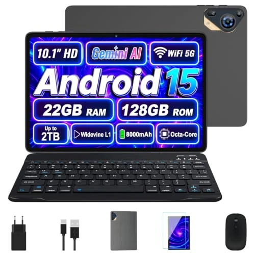 Offre limitée : Tablette 10 Pouces Android 15 avec Gemini AI, 22Go RAM+ 128Go ROM+ Extensible 2To, Octa-Core, Widevine L1, 8000mAh, 5G WiFi, BT5.0, GPS, Corps Métallique, Tablette Tactile avec Clavier et Souris, Gris de 109.99 € à 109.99 € (0.00% de remis