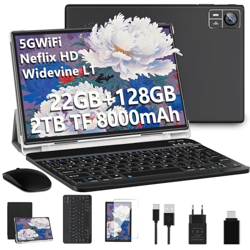 2026 Tablet 10.1 Pulgadas 【AI Android】 【22GB RAM+128GB ROM /2TB TF】 Familiar/Niños, Widevine L1,WiFi 5G, 8 Cores, BT 5.0, 8000mAh, GMS Certified, 5MP+8MP, Tablet PC con Funda, Teclado y Ratón - Negro