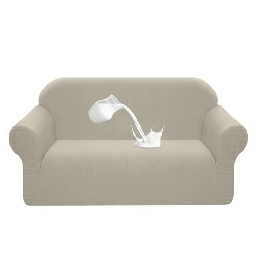 Granbest Stretch Waterproof Sofa Cover 1 Piece Sofa Cover Spandex Jacquard Elastic Couch Cover with Non-Slip Foam (2 Seater, Sand)