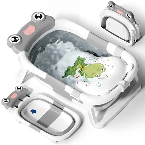 COOSEYA Baignoire Pliable pour Bébé, Nouveau-Né à Bambin, Grise, Inclut Coussin de Bain, Bouchon d'Évacuation, Pour Voyages et Extérieur