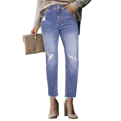 Offerta a tempo: STARBILD Donna Jeans Strappati a Vita Alta e Gamba Dritta, Pantaloni Larghi in Denim Leggings con Fori, Jeans Strappati - Blu Chiaro L - 0.0% da 9.99 € a 9.99 €