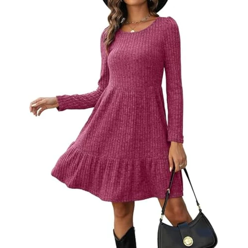 ABINGOO ABNGOO Femmes Manches Longues Pull Robe Couleur Unie Élégant Col Rond Robe Tricot Taille Haute Robe(Rose,L)