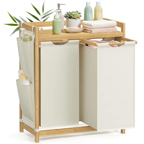 SONGMICS Panier à Linge, avec 2 Compartiments, Corbeille à Linge Sale, en Bambou, Capacité de 100 Litres, avec Étagère, Poches Latérales, 2 x 50 L, 63 x 33 x 78 cm, Blanc Crème RLH100W01