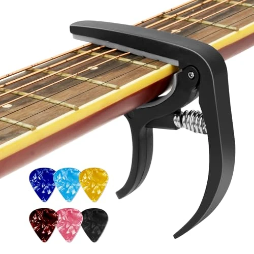 Aomig Capotasto Chitarra, Capotasto per Chitarra con 6 Plettri per Plettri Chitarra, Acustica Elettrica Classica Bass Ukulele Violino Capotasto Universale per Chitarra Nero