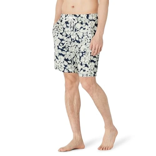 Amazon Essentials Herren 23cm Badehose mit Netzfutter, Taschen und Kordelzugverschluss, Marineblau Folk Floral, XL