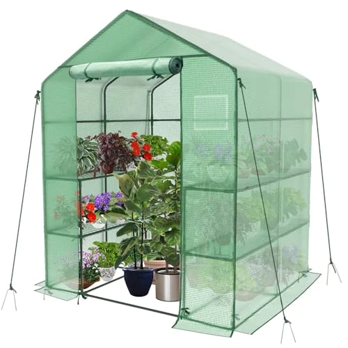 Zeitlich begrenztes Angebot: VOUNOT® Gewächshaus Foliengewächshaus, begehbares Gartenhäuschen mit 8 Regalebenen, Tomatenhaus Tomatengewächshaus, Grün 143x143x195cm von 54.99 € auf 54.99 € (0.00% Rabatt)