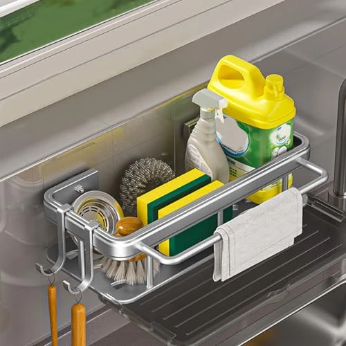 Lxoraziy Kitchen Sink Organiser With Drip Tray - No-Drilling Washing up Organizer for Sponge, Brush, Cloth - Removable With Hook (Silver)