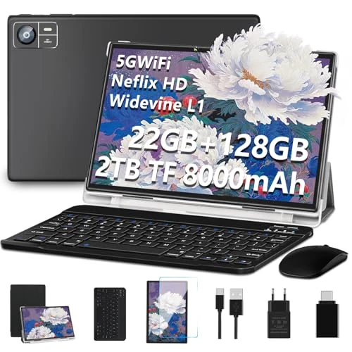SUAAT 2024 10 Inch Android 14 Tablet with 22GB RAM 128GB ROM (1TB TF Expandable), WiFi 5G, 8-Cores 2.0 Ghz, 8000mAh, WiFi 6, 8MP+5MP, Widevine L1, Touch Tablet with Keyboard| Mouse | Case-Black