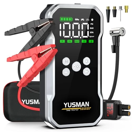 YUSMAN Arrancador de Baterias de Coche con Compresor de Aire, 12V 7000A Arrancador Coche Portatil con Inflador de 150 PSI (para 10L Gasolina o 8L Diesel), Linterna LED de Emergencia