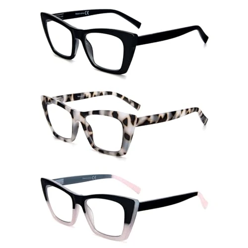 KoKoBin 3 sztuki okularów do czytania w stylu Oprah dla kobiet blokujących niebieskie światło komputerowe czytniki kocie oko ze sprężynowym zamkiem błyskawicznym (3 sztuki, 1,5, dioptria)