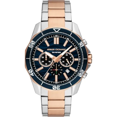 Limited offer: Armani Exchange Silver Tone Watch for Men, Quartz Chronograph Movement and 44mm Case Size with Stainless Steel Strap from 208.14 EUR to 179.00 EUR (save 14%)