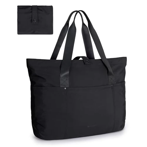 bagsmart Women's Shopping Bag Tote Bag, Foldable Tote Bag with Zip, Large Shoulder Bag, Handbag with Top Handle for Travel, Work, Fitness, Yoga, black, Large