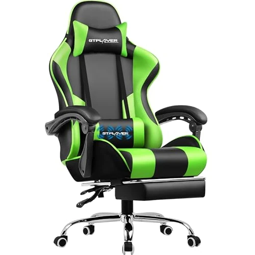 Offerta a tempo: GTPLAYER Sedia da ufficio, da gaming, da gaming, ergonomica, con poggiapiedi, poggiatesta, cuscino lombare, imbottito, sedia girevole verde - 31% da 159.99 € a 109.99 €