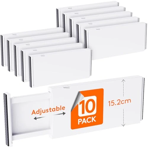 Lifewit 10 Set Schubladentrenner, Verstellbar Schubladen Trenner für Innenlänge 34–50cm & Höhe＞15.5cm Organizer Ordnungssystem für Küche/Kleiderschränke/Schreibtisch, Weiß