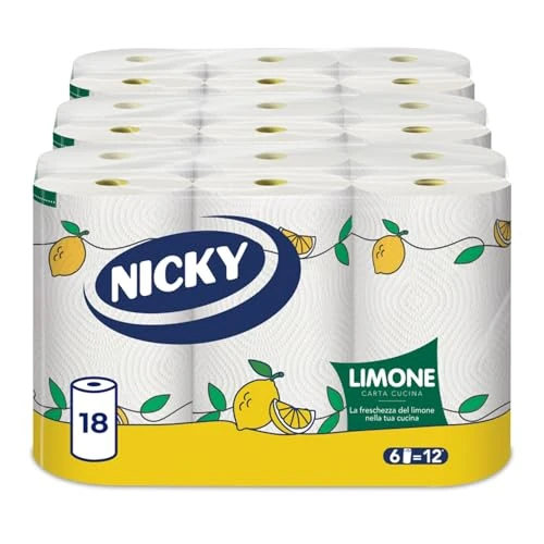 Offerta a tempo: Nicky Limone Carta Cucina - 18 Rotoli da 100 Fogli Assorbenti a 2 Veli, Spessa e Resistente, Fresco Profumo di Limone, Carta 100% Certificata FSC - 32% da 26.90 € a 18.16 €