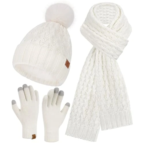 Offerta a tempo: Bequemer Laden Donna Invernale Pon Pon Cappello Sciarpa Touch Screen Guanti Set con Fodera in Pile, Berretto in Maglia a Trecce Sciarpe Regalo - 19% da 31.99 € a 26.05 €