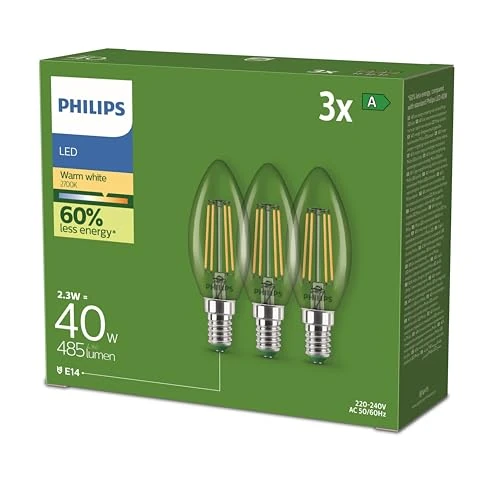 Oferta limitada: Philips Bombilla LED Tipo Vela Esférica Ultra Eficiente (pack 3un), E14, 2.3W, Luz Blanca Cálida 2700k, Eficiencia Energética A de 19.99 € a 11.48 € (ahorro 43%)