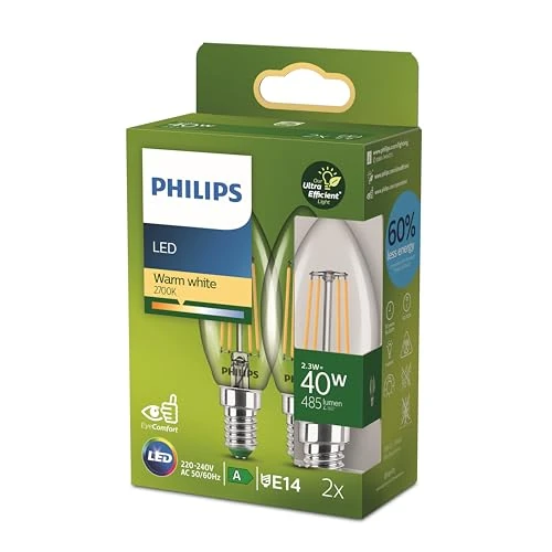 Offre limitee: Philips Classic ultra-efficient LED ampoule classe énergétique A, équivalent 40W, culot E27, candle, clair, éclairage blanc chaud (2700K), 2 pack, nouvelle génération de 15.99 EUR a 9.99 EUR (economie 38%)