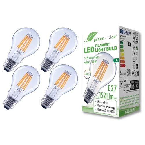 greenandco 4 lampadine a filamento LED | trasparenti | E27 A60 | 7,2 W 1521 lm | sostituisce 100 W | 3000 K bianco caldo | 320° | 230 V | senza sfarfallio | Classe energetica A | non dimmerabile