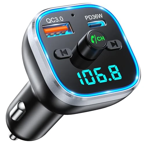 Mohard Bluetooth 5.3 Car Adapter, 54W [PD & QC 3.0] Quick Charging FM Bluetooth Transmitter Car Charger, Hands-Free Calling & 7 Colors LED Backlit, Wireless Car Audio Radio FM Transmitters, HiFi Music