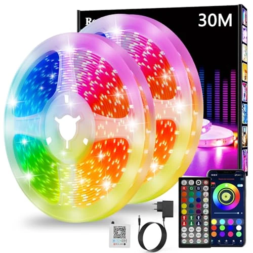 Offerta a tempo: Realky Striscia LED 30M, Luci LED Cambia Colore, APP Bluetooth e Telecomando a 44 tasti, Sincronizzazione musica e timer, Decorazione strisce LED per camera da Letto, Feste (15M*2) - 22% da 20.99 € a 16.27 €