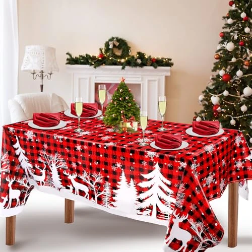 Aitsite Kersttafelkleed, 152 x 264 cm, rechthoekig tafelkleed voor Kerstmis, groot, afwasbaar, rood kersttafelkleed, anti-vlekken, tafelkleed voor kerstdecoratie, feest, nieuwjaar decoratie
