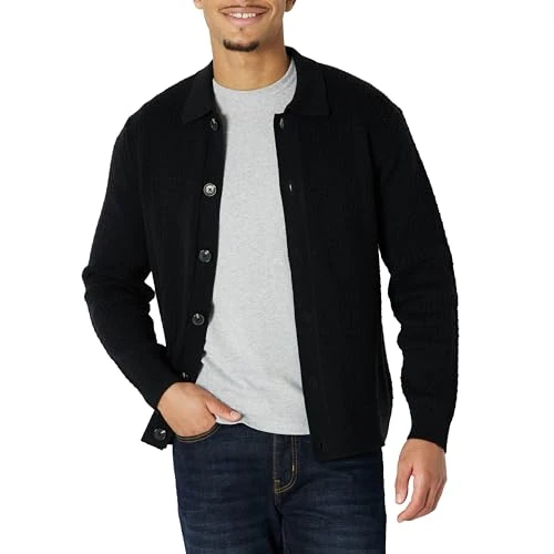 Limited-time offer: Amazon Essentials Men's Relaxed-Fit Collared Cardigan Sweater, Black, Medium from 16.00 £ to 16.00 £ (save 0.00%)
