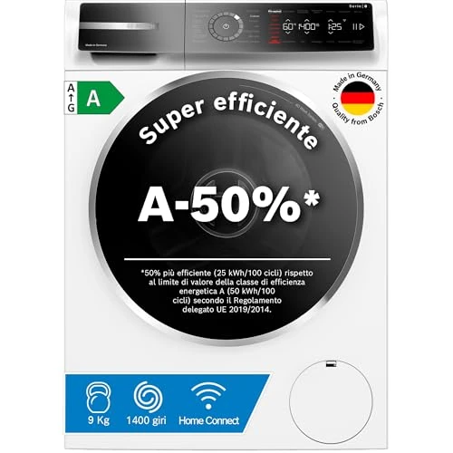 Offerta a tempo: Bosch WGB24402IT Serie 8 Lavatrice smart a carica frontale, 9 kg, 1400 giri, Efficienza energetica A -50%, motore inverter con 10 anni di garanzia, riduce le pieghe, Bianco, 60 Cm - 6% da 935.56 € a 879.00 €