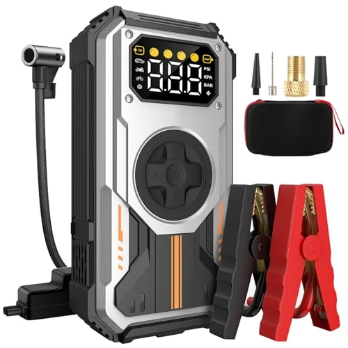 Zeitlich begrenztes Angebot: Eigotrav 7-in-1 Starthilfe Powerbank für PKW, 7000A Booster Auto Starthilfe (Bis zu 10L Benzin, 8L Diesel), 12V Jump Starter mit 150 PSI Kompressor, LED Taschenlampe, LCD Display, Silber von 59.99 € auf 59.99 € (0.00% Rabatt)